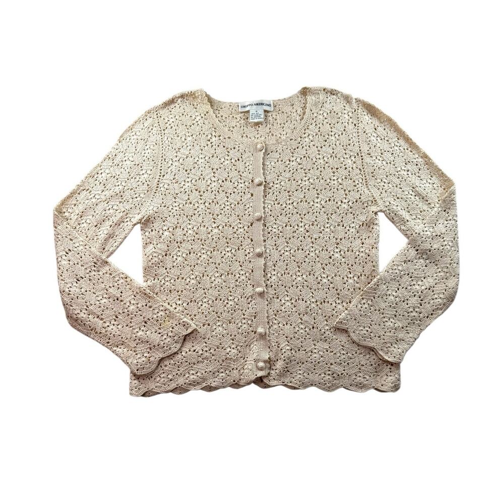 Gruppo Americano 100% Silk Crochet Cardigan M Beige Coastal Grandma Lace Boho